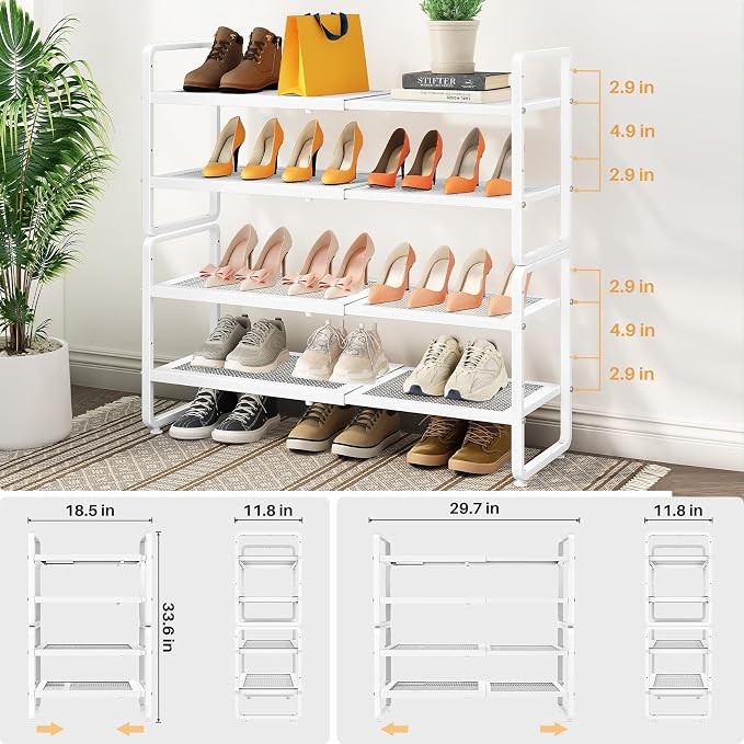 SNTD Shoe Rack - Expandable Shoe Organizer for Closet, Adjustable Metal Shoe Shelf Storage, Stackable Long Shoe Stand Holder for Garage, Entryway, Door Entrance (White, 4-Tier)