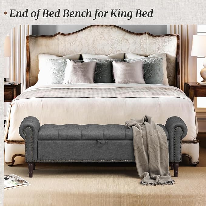 Storage Bench Ottoman, 61" Long King Linen Rolled Arm Bedroom End of Bed Bench, Window Bench with Button Tufted and Nailhead Trim for Foot of Bed Bench, Bedroom, Entryway, Living Room, Gray