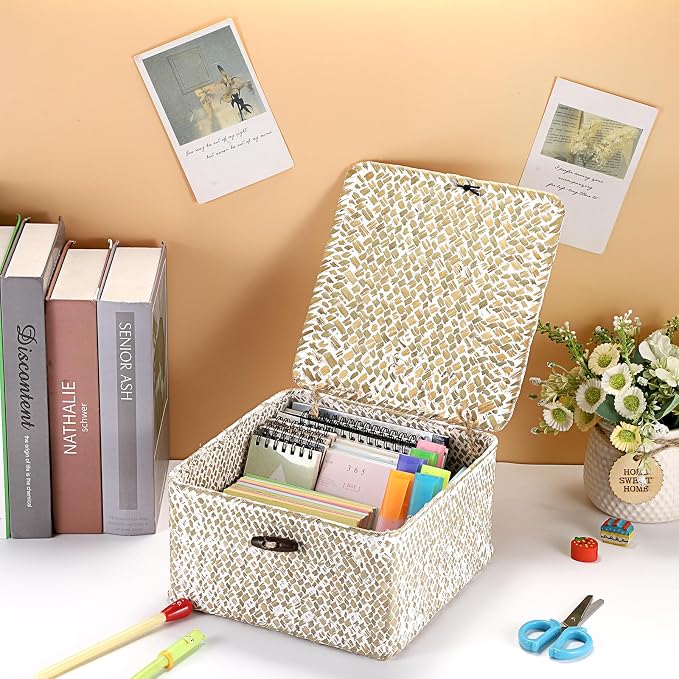 Hipiwe Handwoven Seagrass Basket with Lid Square Wicker Basket Storage Bin | Multipurpose Baskets Organizer Closet Storage Baskets Box Household Container for Home Decor, Small Whitewash