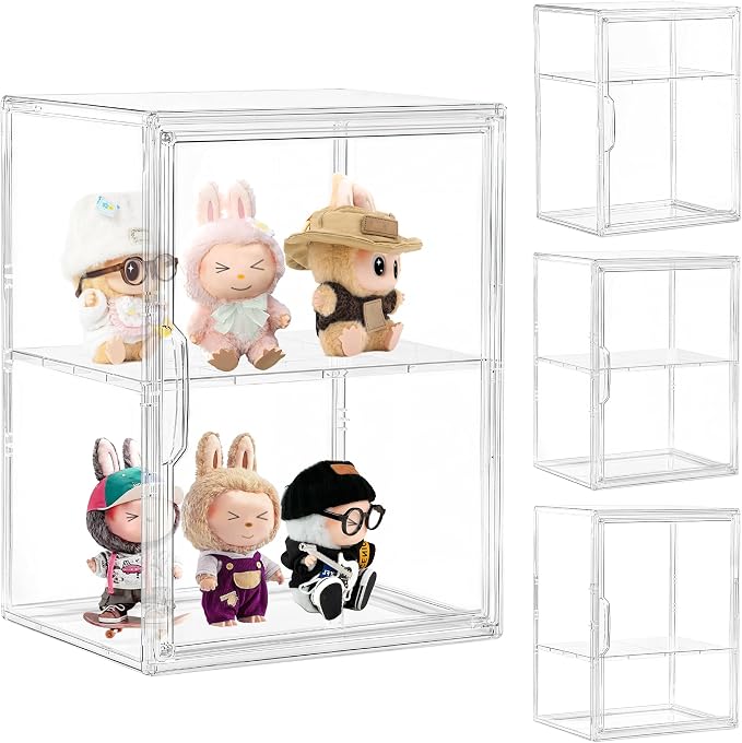 LXLXXL 2 Tier Stackable Shelf Acrylic Display Case with Magnetic Lid 4-Pack | Clear Acrylic Box with Magnetic Door and Removable Shelf, for Makeup, Figures, Purse Storage, Dustproof Display Organizer