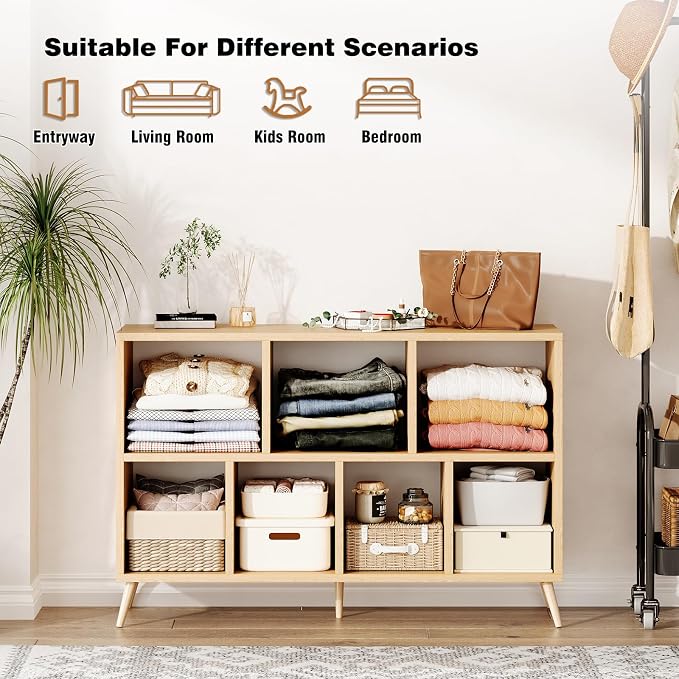7-Cube Storage Organizer with Natural Wood Legs, Mid-Century Modern Bookcase and Display Cabinet, Freestanding Toy Storage Bookshelf for Living Room, Kids Room and Bedroom, Natural
