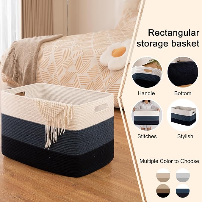 OIAHOMY 108L Super Large Blanket Basket, 25”x16”x16” Rectangle Woven Baskets for Storage, Cotton Rope Basket For Living Room, Toy Storage with Handle - Gradient Blue