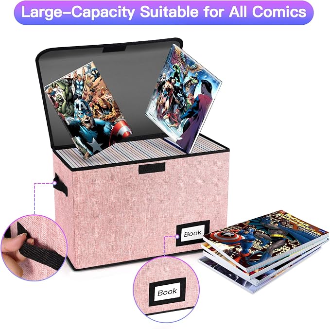 5 Pack Comic Book Storage Boxes, 15.8" X 7.8" X 11.8", Collapsible Comic Short Box, Holds 160-180 Collection Comic Book Container Holder Shelf Protector Organizer Bin (Pink)