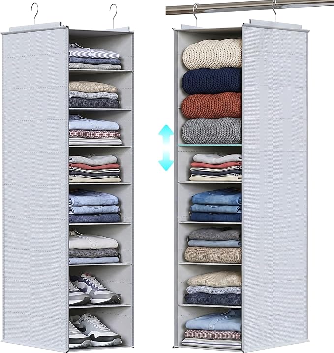 Deep Pocket Hanging Closet Organizer, 8 Tier Hanging Shoe Organizer | Adjustable Shelf Height Closet Organizers and Storage for Sweaters, Shoes, Hoodies & Blankets, Heavy Duty Hanging Shelves