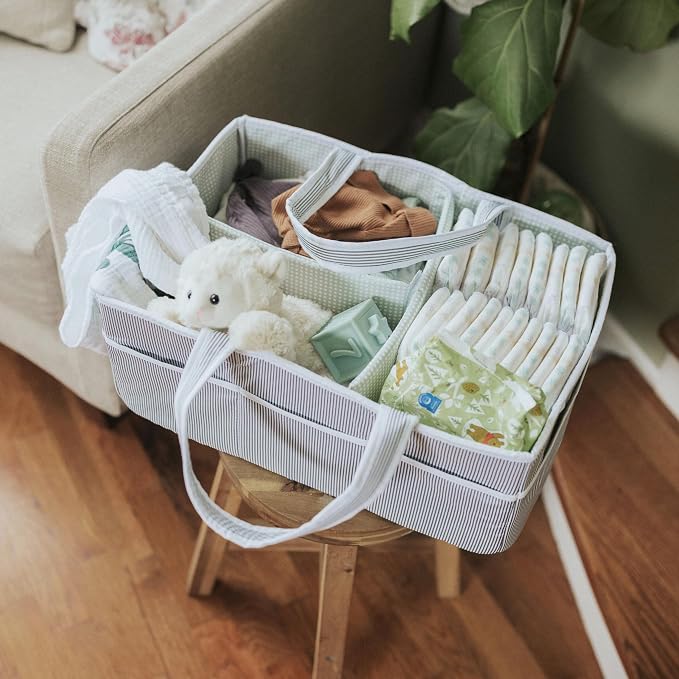 Baby Diaper Caddy - Organizer Tote for Infant Boy or Girl - Baby Shower Basket - Nursery Must Haves - Registry Favorites - Newborn Caddie Car Travel - Gray/Mint, Extra Large