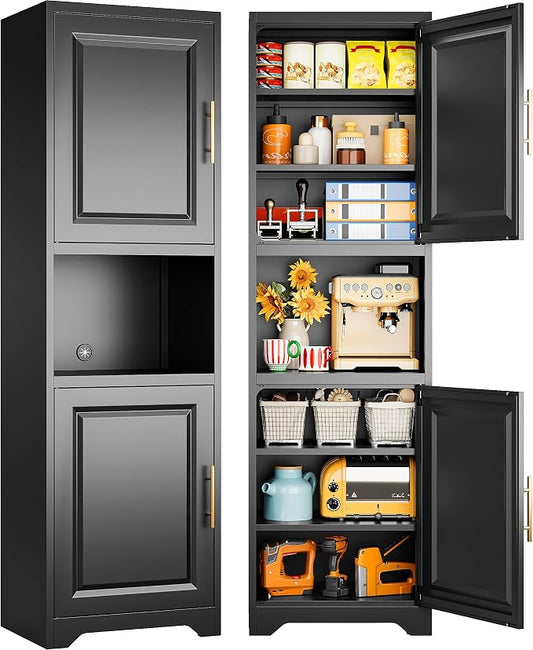 SISESOL 67" Tall Narrow Storage Cabinet with 2 Door and 7 Shelves,Slim Kitchen Pantry Cabinet,Black Metal Bathroom Cabinets,Large Cupboard for Home,Kitchen,Laundry,Bathroom