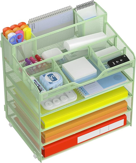 Docnest 5 Tier Mesh Desk Organizer with Letter Tray & Paper Sorter, Green | Features 3 built-in pen holders & 5 adjustable compartments on top. Includes 4 non-slip rubber feet for desk protection