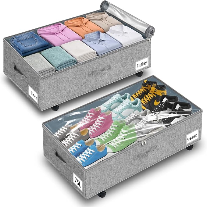 10-in 75L Low Profile Under Bed Storage with Wheels, 2 Pack, Gray | 5 Rotating Wheels, Large Clear lid, Rigid Sides & Bottom, Low Space Storage, Under Bed, Couch, Crib, Dorm Organization