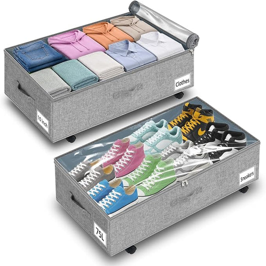 10-in 75L Low Profile Under Bed Storage with Wheels, 2 Pack, Gray | 5 Rotating Wheels, Large Clear lid, Rigid Sides & Bottom, Low Space Storage, Under Bed, Couch, Crib, Dorm Organization