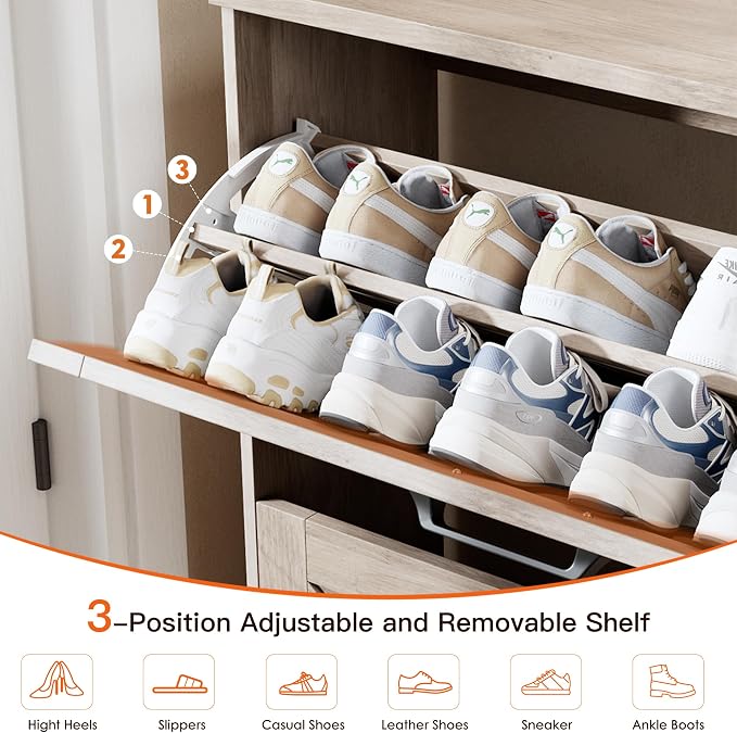 Shoe Cabinet for Entryway, 3 Flip Drawers Shoe Storage Cabinet with 3-Tier Adjustable Shelves, Ultra Slim Freestanding Hidden Shoe Organizer with Barn Door Design, Dove Gray