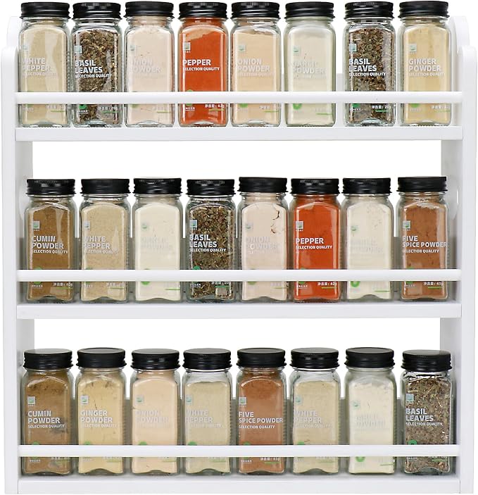 3 Tier Bamboo Spice Rack, Spice Rack Organizer, Seasoning Jars Rack Shelf Spice Organizer for Kitchen Counter or Wall Mounting, Spice Storage Holder with handles, Jars Not Included, White