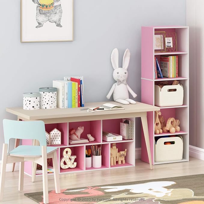 Furinno LUDER Book Shelf, 5-Tier Bookshelf, Bookcase with Open Shelves, 9.4 x 15.8 x 52, Easy Assembly, for Living Room, Bedroom, Home Office, White/Pink