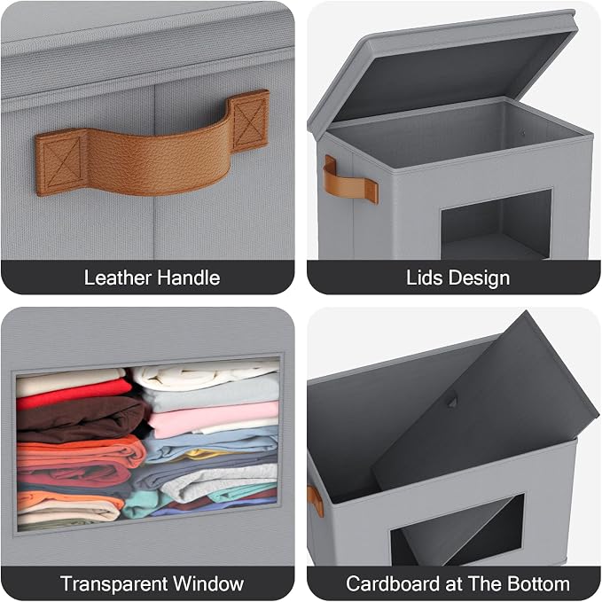 Univivi Storage Bins with Lids Collapsible Foldable Closet Storage Boxes for Clothes [3-Pack] Containers boxes with Handles Closet Storage for Home, Office, Bedroom (Grey,17" x 12"x 12") | 17 x 12 x 12 In Foldable Storage Boxes with Handles, Clear Wind...
