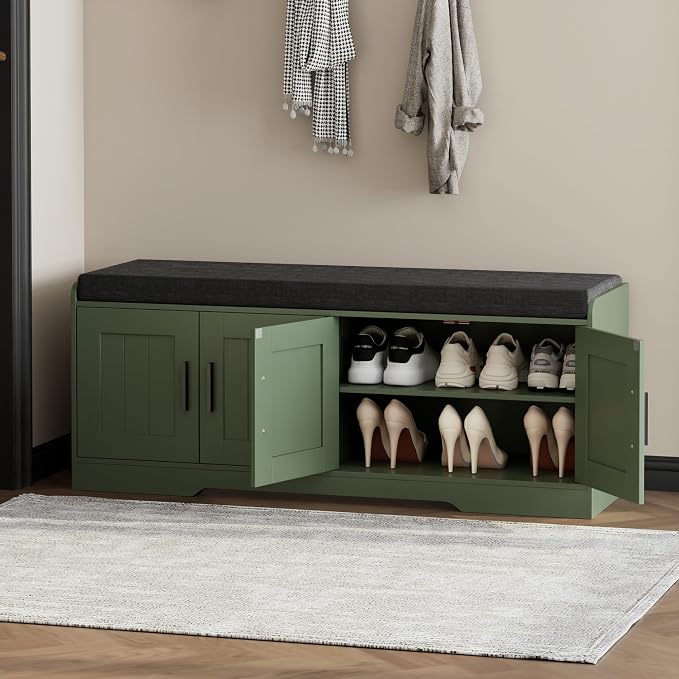 Homleke Shoe Storage Bench, 4 Doors & Thickened Padded Seat Cushion | 2-Tier Shoe Bench, Entryway Bench, Adjustable Shelf, 13.8" D x 45.3" W x 18.5" H, for Living Room, Bedroom, Green