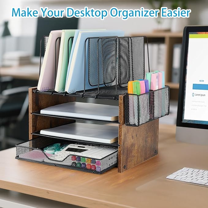 OPNICE Desk Organizer, 4-Tier Desktop File Organizer with Drawer and Pen Holders, Office Desk Accessories, File Sorters, Workspace Organizers for Office Supplies(Brown)