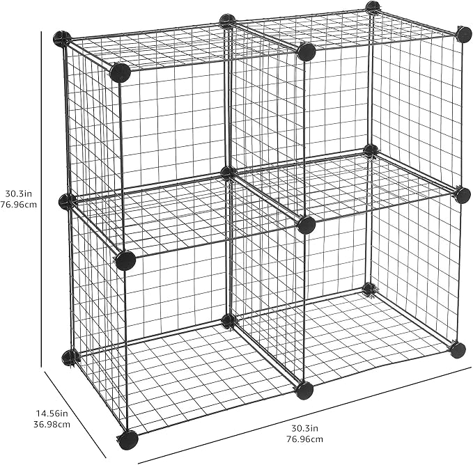 Amazon Basics 4 Cube Wire Grid Storage Organizer, Closet Organizer and Shelves, Stackable, Space-Saving, Easy to Assemble, 14"x14"x14", Black