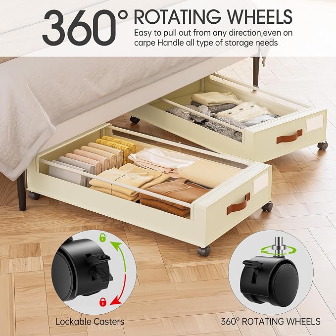 Yecaye 60L Under Bed Storage Containers with Wheels, 2 Pack Under Bed Storage Containers, Underbed Shoe Storage with Clear Window & Label, Rolling Under Bed Metal Drawer for Shoes, Clothes, Beige