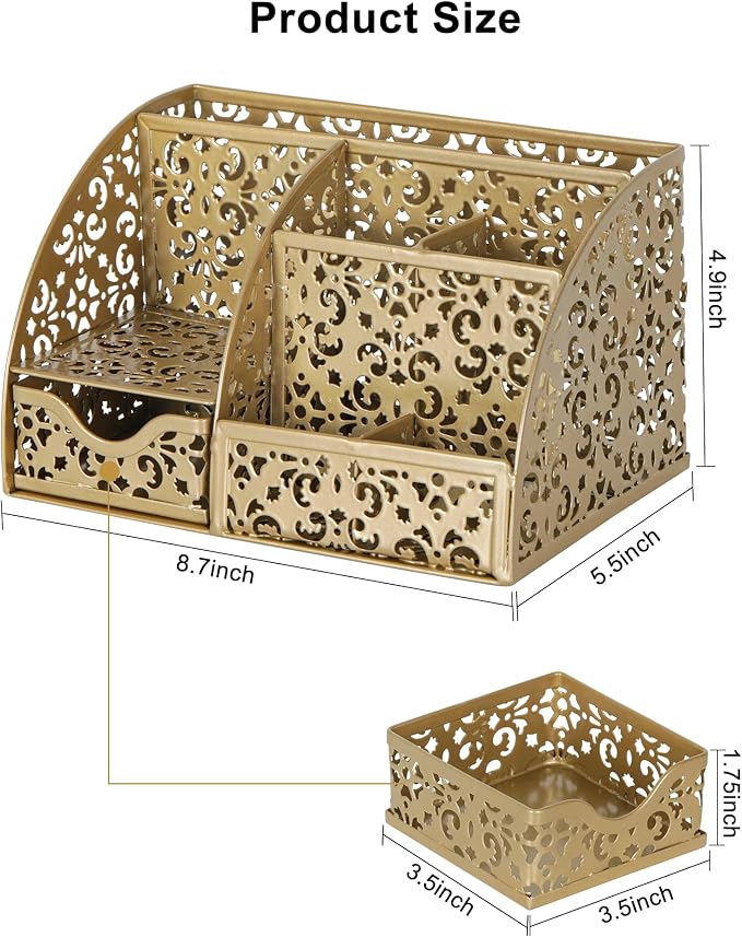 EasyPAG Desk Organizer and Pen Holder for Desk, Mesh Office Supplies Storage Caddy with Drawer for Small Space, Desktop Organizer for Home Office, Gold