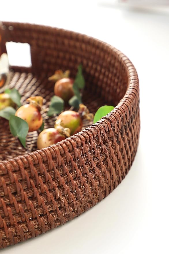 HITOMEN Hand-Woven Round Rattan Serving Tray Decorative Ottoman Wicker Platter with Handles for Coffee Table, Breakfast, Drinks, Snack, Bread, Fruit, Vegetables (Brown Set of 2: M+L)