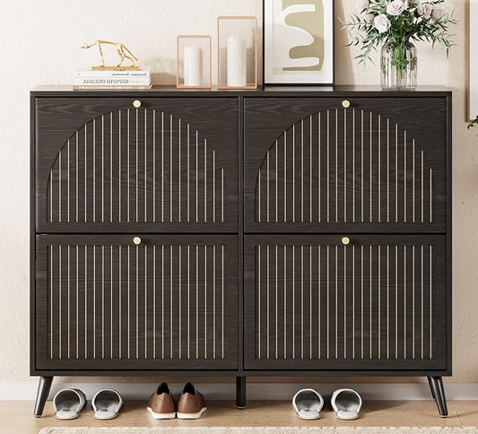 Fsbecl Shoe Storage Cabinet for Entryway with 4 Fluted Flip Drawers, Black | Narrow Design, Freestanding Shoe Rack with Adjustment Shelves, Wooden Hidden Organizer for Hallway Foyer, 16-24 Pairs