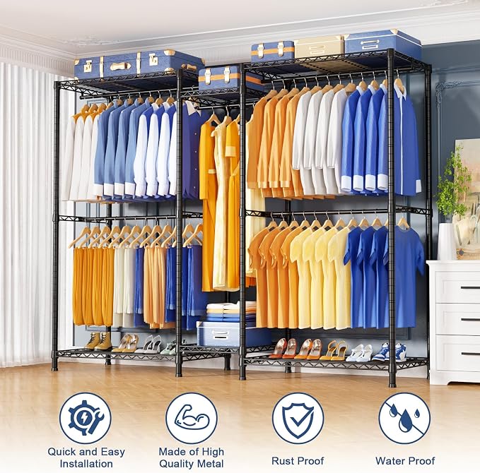 E12 Pro Clothes Rack，Heavy Duty Freestanding Garment Rack with Shelves，Metal Clothing Closet Storage System for Hanging Clothes，71" W x 16" D x 76.5" H, Hold 960 lbs，Black