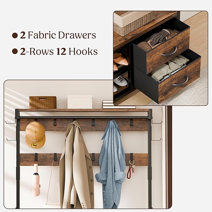 Coat Rack, 39.4” Hall Tree with Shoe Storage Bench, Rustic Brown | 5 in 1 Entryway Furniture Organizer, 21 Hooks, 2 Fabric Drawers, Handy Clothes Rail