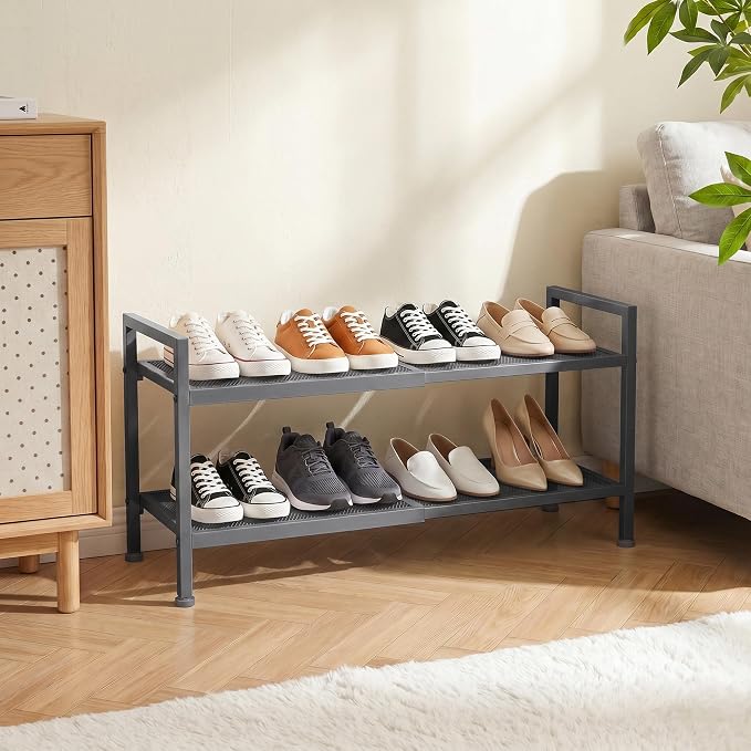 Shoe Rack, Expandable Shoe Rack for Closet, Adjustable Shoe Organizer for Entryway, Shoe Storage Organizer for Door Entrance, Garage, Bedroom (Grey, 2-Tier)