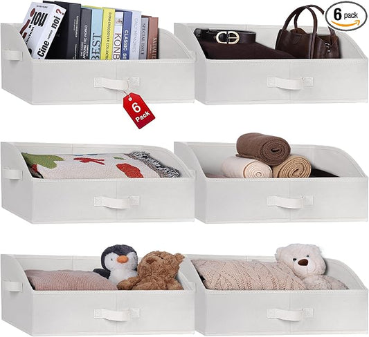 WUIKE 6 Pack XL Trapezoid Closet Bins, White & Beige | Fabric Storage Baskets with Handles, Closet Bins for Clothes, Sheets, Blankets, Towels and Shelf Organization