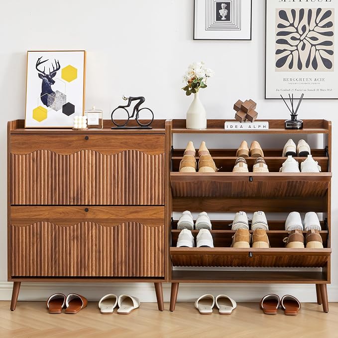 BERRYMERRY 31.5" Fluted Walnut Shoe Storage Cabinet with 2 Flip Drawers | narrow,entryway,adjustable feet,24 pairs shoe,shoe organize,hidden shoe rack,fluted panel,wave pattern,wood,space saving