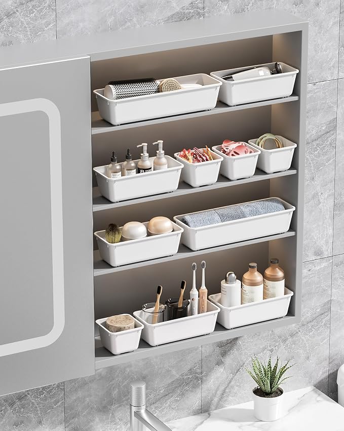 Canfanni 13 Pack Plastic Drawer Organizers Set, 3 Sizes Desk Drawer Organizer Trays for Vanity and Makeup Organizer, Organization and Storage for Makeup, Kitchen Utensils, Bathroom and Office(White)