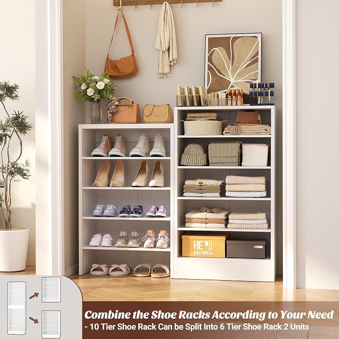 Aheaplus Tall Shoe Cabinet, 10 Tiers Narrow Wood Shoe Rack, Shoe Storage Organizer with Open Storage, Vertical Shoe Shelf Tower for 20-22 Pairs, Space Saving, for Closet, Entryway, Bedroom, White