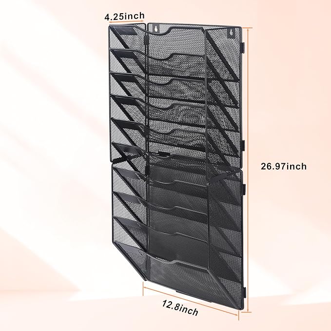 COSYAWN 10 Tier Mesh Hanging Wall File Organizer, Wall Mounted Mail Paper Document Folder Holder for Office Home School, Black