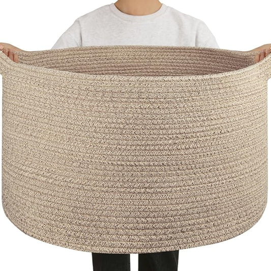 OIAHOMY 90L Extra Large Blanket Basket - Decorative Cotton Rope Storage Basket for Bedroom, Living Room & Nursery - Woven Laundry Hamper for Organizing Blankets, Clothes & Toys - Brown