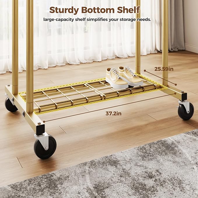 HYSEYY Heavy Duty Clothes Rack, Rolling Clothing Rack for Hanging Clothes with Shelves Load 700LBS,Portable Garment Wardrobe Closet Rack with Wheels for Bedroom,Laundry Room,Retail Store(Gold)