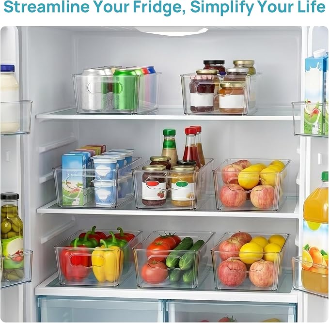 Vtopmart 4pcs Clear Storage Bins with Handles | BPA-free Plastic Storage Containers, Easy to Move, For Fridge Freezer, Pantry Cabinet Kitchen Organization, Built to Last