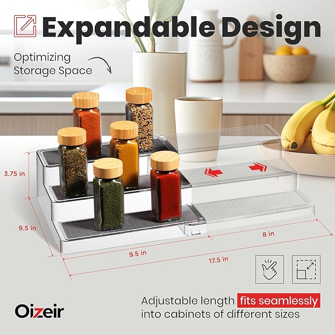 Oizeir 3-Tier Expandable Spice Rack Organizer for Cabinet, Clear | Expandable Plastic Spice Rack Organizer, Adjustable Length 3 Tiers, Non-Skid Shelf, Cabinet Pantry Countertop, Clear