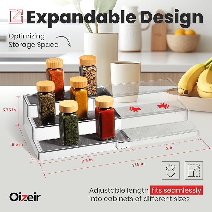 Oizeir Expandable Spice Organizer Rack - 3-Tier - Clear Adjustable Tiered Shelf Spices Organization for Kitchen Cabinet and Pantry Storage