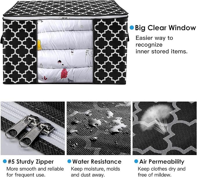 WISELIFE Storage Bags 100L 3-Pack Large Blanket Clothes Organization and Storage Containers for Bedding, Comforters, Foldable Organizer with Reinforced Handle, Clear Window, Sturdy Zippers, Black