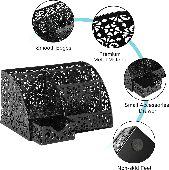 EasyPAG Desk Organizer and Pen Holder for Desk, Mesh Office Supplies Storage Caddy with Drawer for Small Space, Desktop Organizer for Home Office, Black