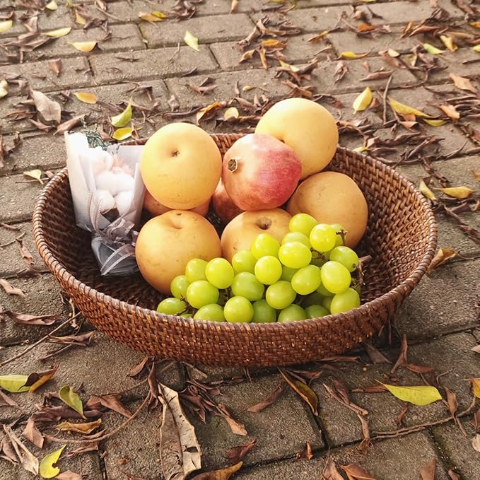 Large Rattan Fruit Basket Bread Serving Bowl with 4" High Wall, Dark Brown Trapezoid Wicker Basket Tray for Table Centerpiece, Woven Vanity Basket Fruit Bowl for Home Décor