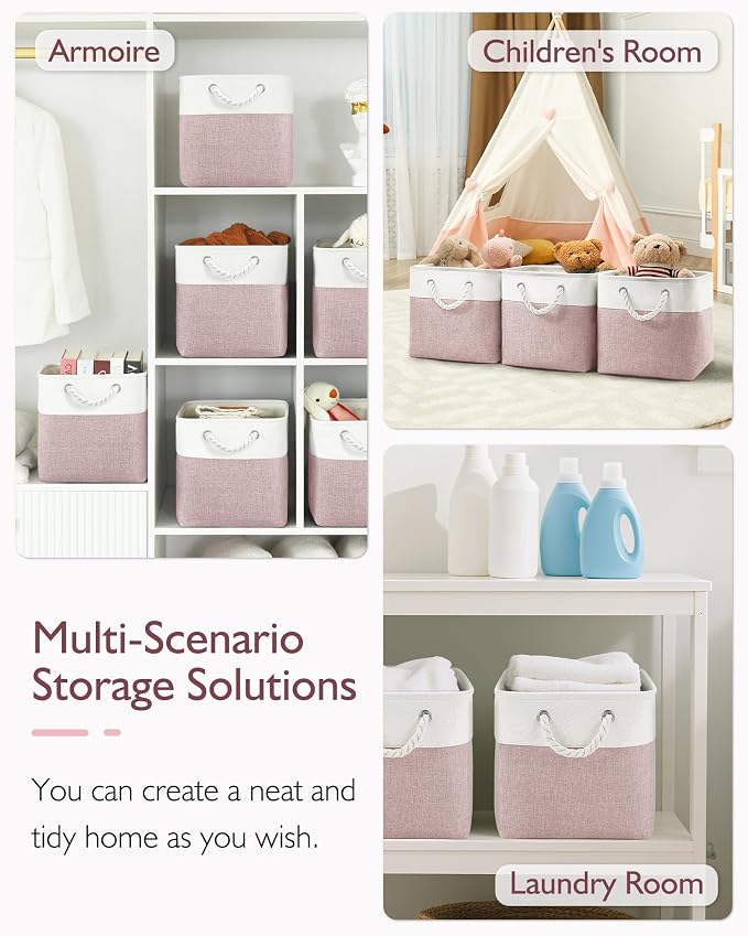 Patvingot 11-Inch Fabric Cube Storage Bins with Handles,6 Pack,Foldable | For cube shelves and closets,keeps grouped for everyday access,reinforced opening and fold-flat storage,white and pink