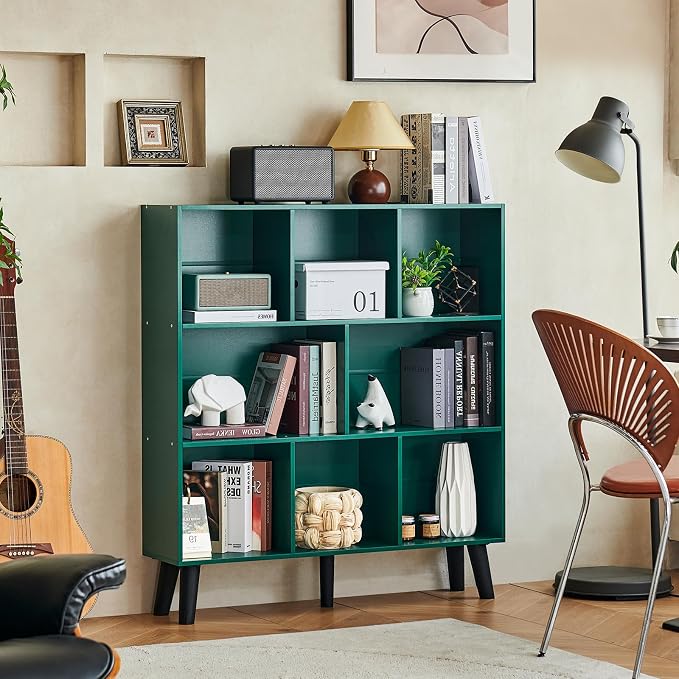 LEYAOYAO 8 Cube Bookshelf,Mid-Century Modern Bookcase with Legs,Dark Green | 3 Tier Book Shelf,Rustic Wood Bookshelves Freestanding Large Storage Organizer, Open Shelves for Bedroom, Living Room, Office