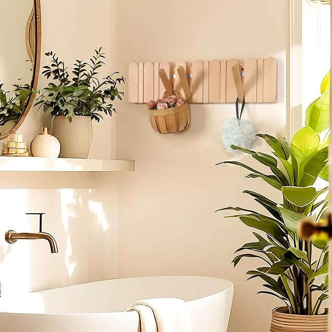 Wall Coat Rack for Entryway: Folding Wood Modern Heavy Duty 8 Hooks | 21.6'' Wall Mounted for Boho Home Decor Bathroom Bedroom Hallway for Hanging Towel Jacket Backpack Bag
