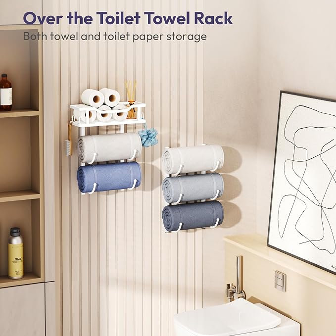 SWTYMIKI Over the Door Towel Rack - 6 Tier Towel Racks for Bathroom Wall Mounted, Towel Holder with Shelf, Hanging Rolled Towel Storage Organizer for Small Bathroom, Camper, RV, White