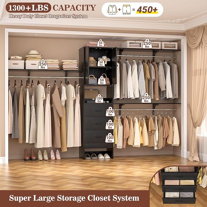 120 Inches Closet System With Doors, 10FT Walk In Closet Organizer with 3 Shelving Towers, Heavy Duty Clothes Rack with 3 Drawers, Built-In Garment Rack, Max Load 1300 LBS, Black