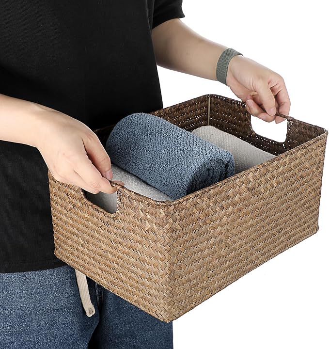 Hipiwe Wicker Storage Baskets Bin for Shelf Rectangular Seagrass Basket | Handwoven Opened Baskets Bin with Handle, Decorative Basket Box for Closet Bedroom Organizer
