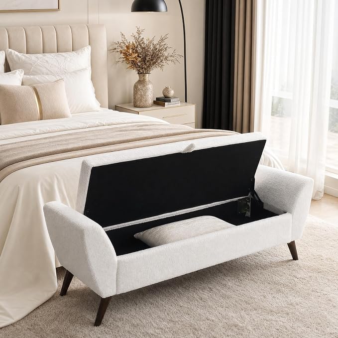 60" Storage Ottoman Bench, End of Bed Bench King Size Beige | Solid Wood Legs, Large Hidden Storage, High-Resilience Foam, Teddy Fabric