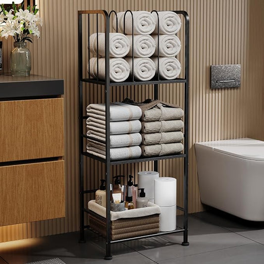3-Tier Freestanding Towel Racks for Bathroom, Black Towel Rack Stand | Detachable M-shaped Dividers for Bath Towel Storage Premium Iron & Wood Holder Crafted for Bathroom Organization
