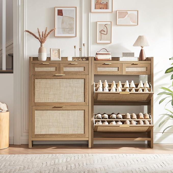 HOKYHOKY Rattan Shoe Storage Cabinet with 2 Drawers & 2 Flip Drawers | Hidden Slim Shoe Organizer, Farmhouse Boho Narrow Shoe Rack, Large Tabletop Space, Entryway, Rustic Oak