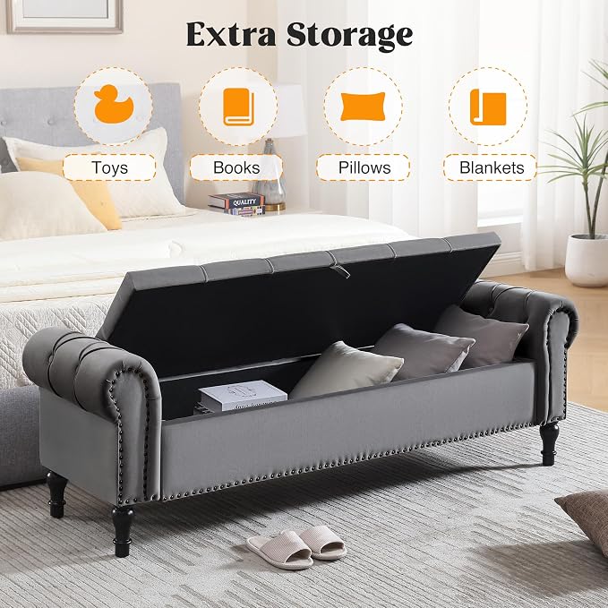 Velvet Storage Bench 67 Inch Upholstered Tufted Ottoman Bench with Rolled Arms Large Storage Space King Size End of Bed Bench for Bedroom Living Room Entryway Grey